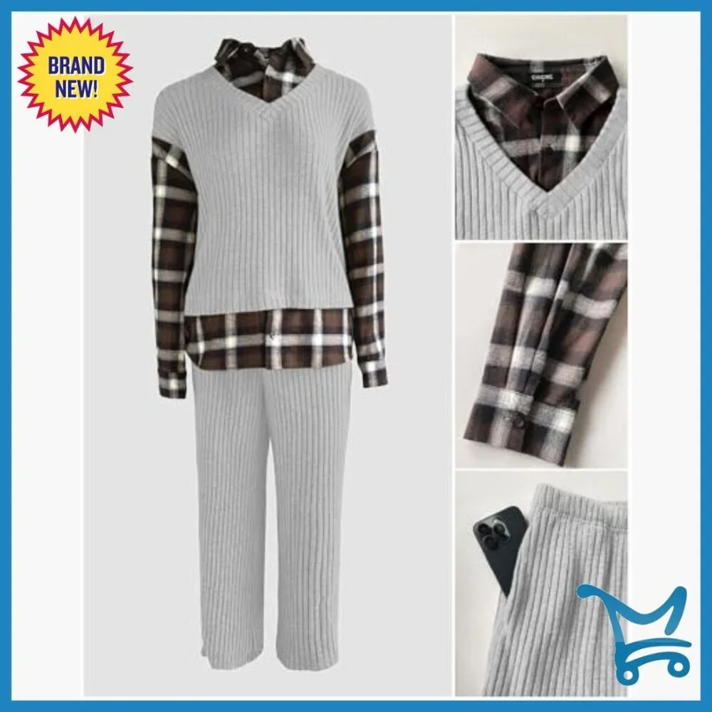 Ribbed Long Sleeve Top and Pants Set, Polyester Blend, X-Large
